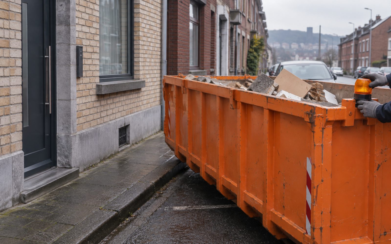 Ambiance générée évoquant une maison de rangée et un container à Herstal.