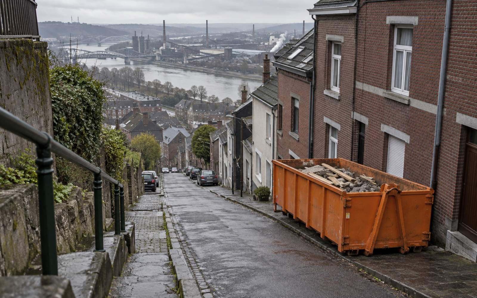 Ambiance générée évoquant une rue de Seraing descendant vers la vallée mosane.