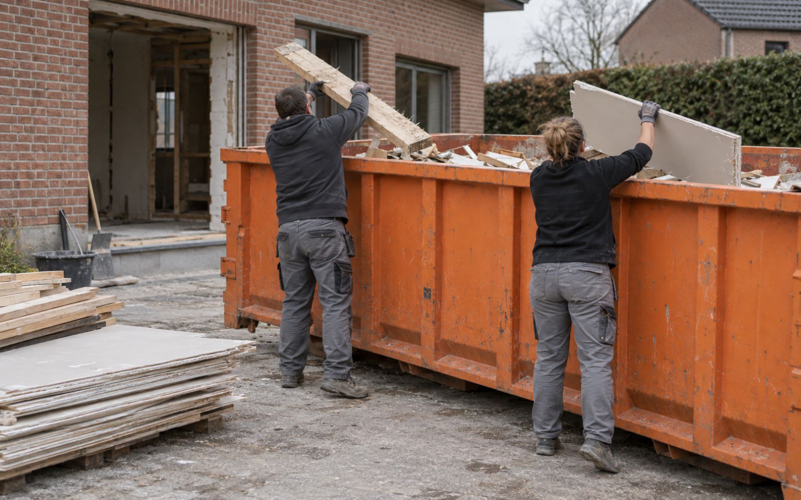 Deux personnes de dos chargent des matériaux de rénovation dans un container.