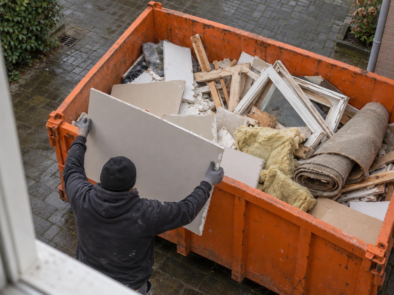 Chargement de déchets de rénovation mélangés dans un container.